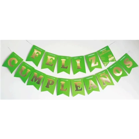 Banderin Feliz Cumpleaños Verde fluo letras Doradas