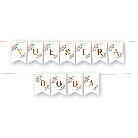 Banderín Nuestra Boda Guirnalda Dos Picos Blanco Y Dorado