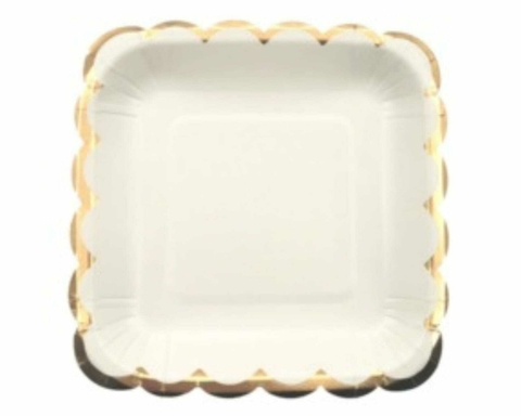 Platos Cuadrados Pastel borde Ondas Doradas x 8 u