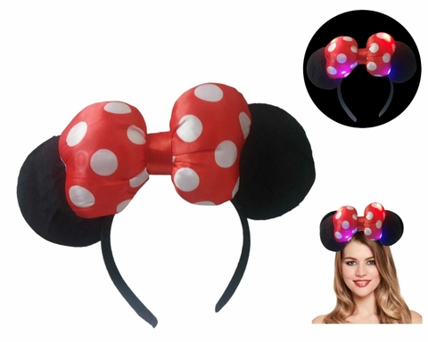 Vincha Minnie luminosa orejas negras moño rojo lunares