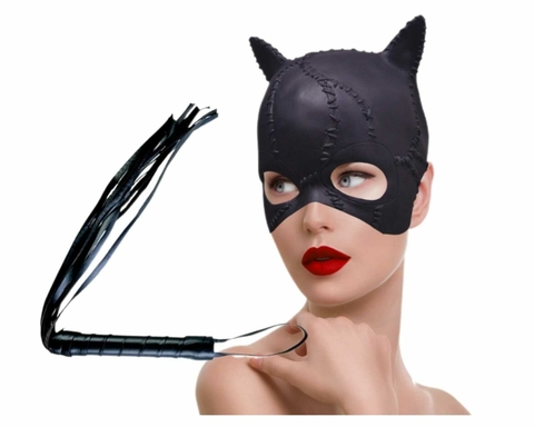 Kit Mascara Gatubela Latex Premium + Latigo Juguete Negro Cotillon