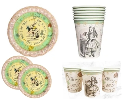 Set Alicia Tematica Cumple Platos y Vasos x6 u.