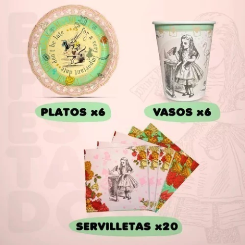 Set Alicia Tematica Cumple Servilletas - Platos - Vasos