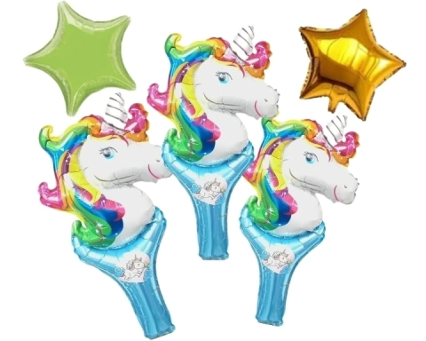 Set 5 Globos Unicornio Silueta Arcoiris Estrella Deco Metalizados