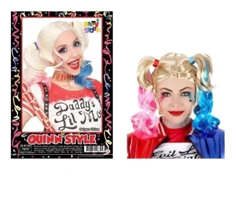 Peluca Harley Quinn Barbie Pelo Largo Rosa Y Celeste
