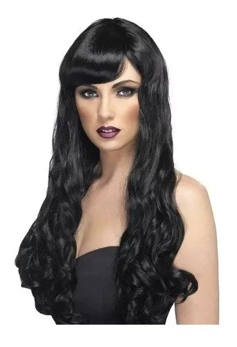 Peluca Ondulada Negro pelo artificial cotillon 60cm