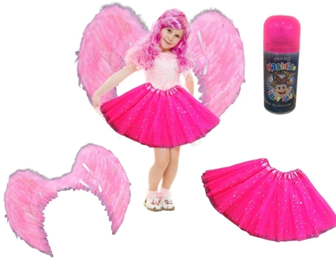 disfraz Angel Rosa Niña Alas Tutu Glitter 25 Cm Pintura De Pelo