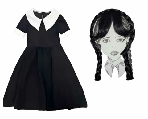 Disfraz Niña Vestido Negro Halloween + Vincha Merlina