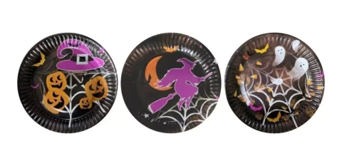 Platos Halloween Negros X 10 U Bruja Calabaza Redondos 17 Cm
