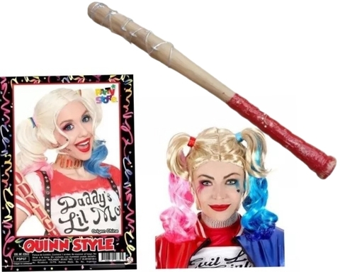 Set Harley Quinn Barbie Peluca Rosa Y Celeste + Bate puas