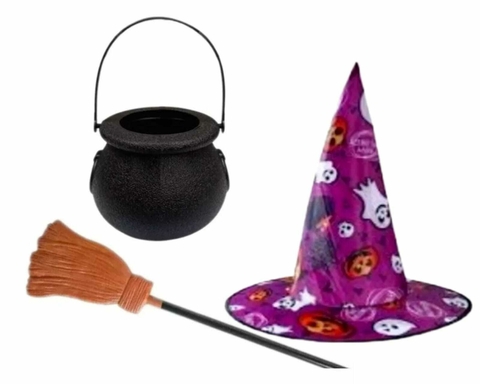 Set Bruja Niña Sombrero Escoba Caldero Olla Chica Halloween