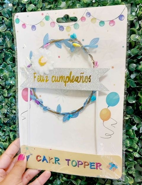 Adorno Cake Topper Feliz Cumpleaños Flores Corona Luminosa Pinche - comprar online