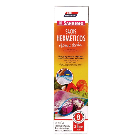Saco Abre e Fecha Ziplock 3 Litros c/8 - Sanremo
