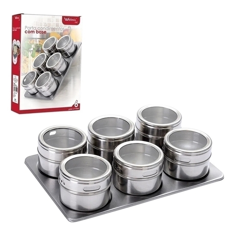 Porta Condimentos Inox Magnético 6 Potes + Suporte R.WX3882