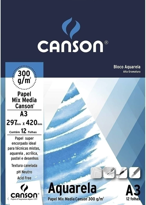 BLOCO A-3 AQUARELA 300G MIX MEDIA 12FLS CANSON R7181