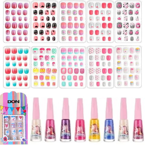 Kit 8 Esmaltes Teen Unicórnio + 12 Unhas Postiças Infantil
