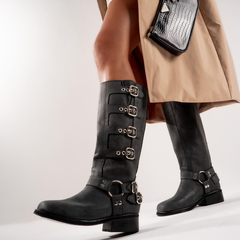Bota Borcego Biker Mujer de Cuero Caña Alta y Detalle de Hebillas en internet