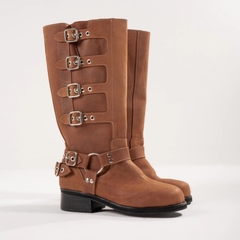 Bota Borcego Biker Mujer de Cuero Caña Alta y Detalle de Hebillas - tienda online