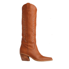 Bota Texana de Cuero Caña Alta con Detalle de Grabados y Tachas