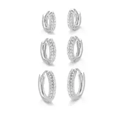 Trio de brincos prata argola duas fileiras cravejadas