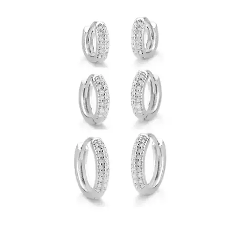 Trio de brincos prata argola duas fileiras cravejadas