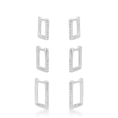 Trio de brincos prata argolas quadradas