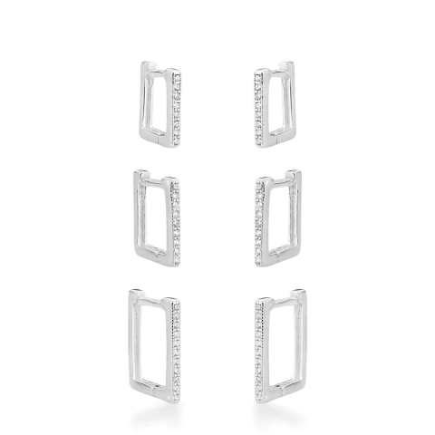 Trio de brincos prata argolas quadradas
