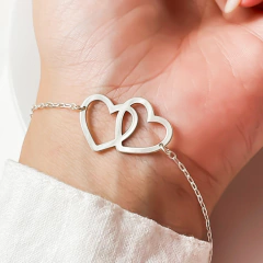 Pulseira prata lisa duplo corações - comprar online