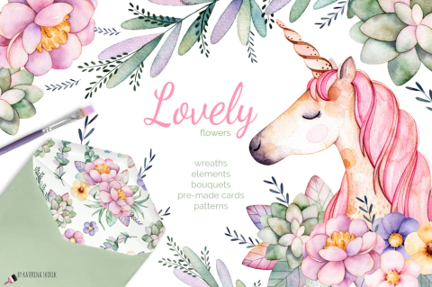 Hojas de Elementos Lovely Flowers & Unicorn