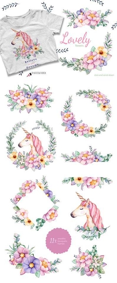 Hojas de Elementos Lovely Flowers & Unicorn - comprar online