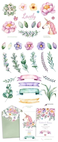 Hojas de Elementos Lovely Flowers & Unicorn en internet