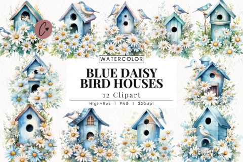 Hoja de elementos Blue Daisy Bird Houses (Margaritas)