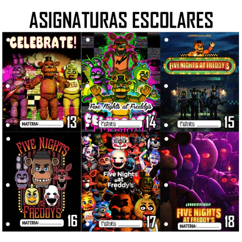 Pack 6u. Separadores Materias - Caratulas Escolares - FNAF - Five Nights at Freddy's