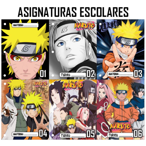 Pack 6u. Separadores Materias - Caratulas Escolares - Naruto Pack 1