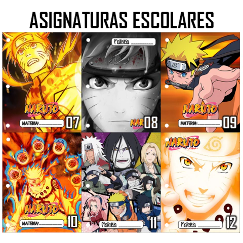 Pack 6u. Separadores Materias - Caratulas Escolares - Naruto Pack 2