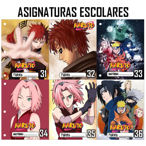 Pack 6u. Separadores Materias - Caratulas Escolares - Naruto Pack 6