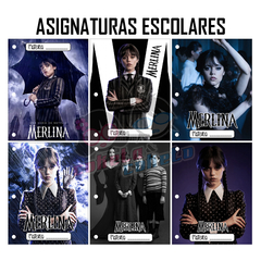 Pack 6u. Separadores Materias - Caratulas Escolares - Merlina Addams Wednesday