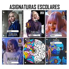 Pack 6u. Separadores Materias - Caratulas Escolares - Merlina Addams Wednesday - Enid