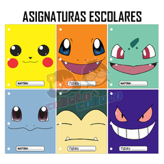 Pack 6u. Separadores Materias - Caratulas Escolares - Pokemon