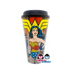 Vaso Plastico con tapa - WONDER WOMAN MUJER MARAVILLA - Licencia Oficial