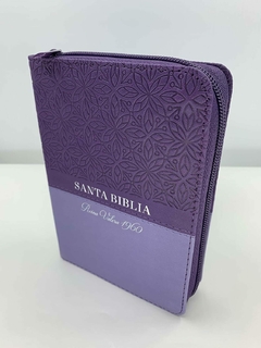 Biblia Bifloral Lila Imitacion Piel con cierre, indice y canto dorado RVR 1960