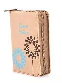 Biblia mini beige con cremallera y canto azul