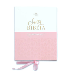 Biblia quinceañera con caja de regalo, piel rosado dorado con índice