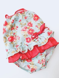 Malla celeste flores rojas Mimo 9m (182)