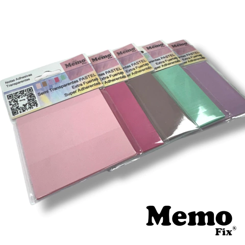 Set MemoFix® x5 Notas Transparentes Pastel 75x45 mm. 50 hojas por block, adhesivo removible y colores suaves para organizar con estilo.