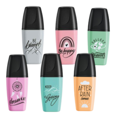 Resaltadores Stabilo BOSS Mini Pastellove en seis colores, con mensajes motivacionales en cada uno.