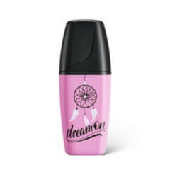 Marcador resaltador Stabilo BOSS Mini Pastellove de color rosa con diseño de atrapasueños y la frase "dream on".