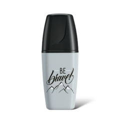 Marcador resaltador Stabilo BOSS Mini en color gris pastel con diseño de montañas y la frase "BE brave!"