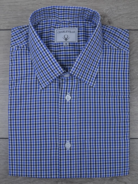 Camisa Manga Curta Micro xadrez Azul