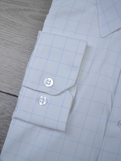 Camisa xadrez branco e azul na internet